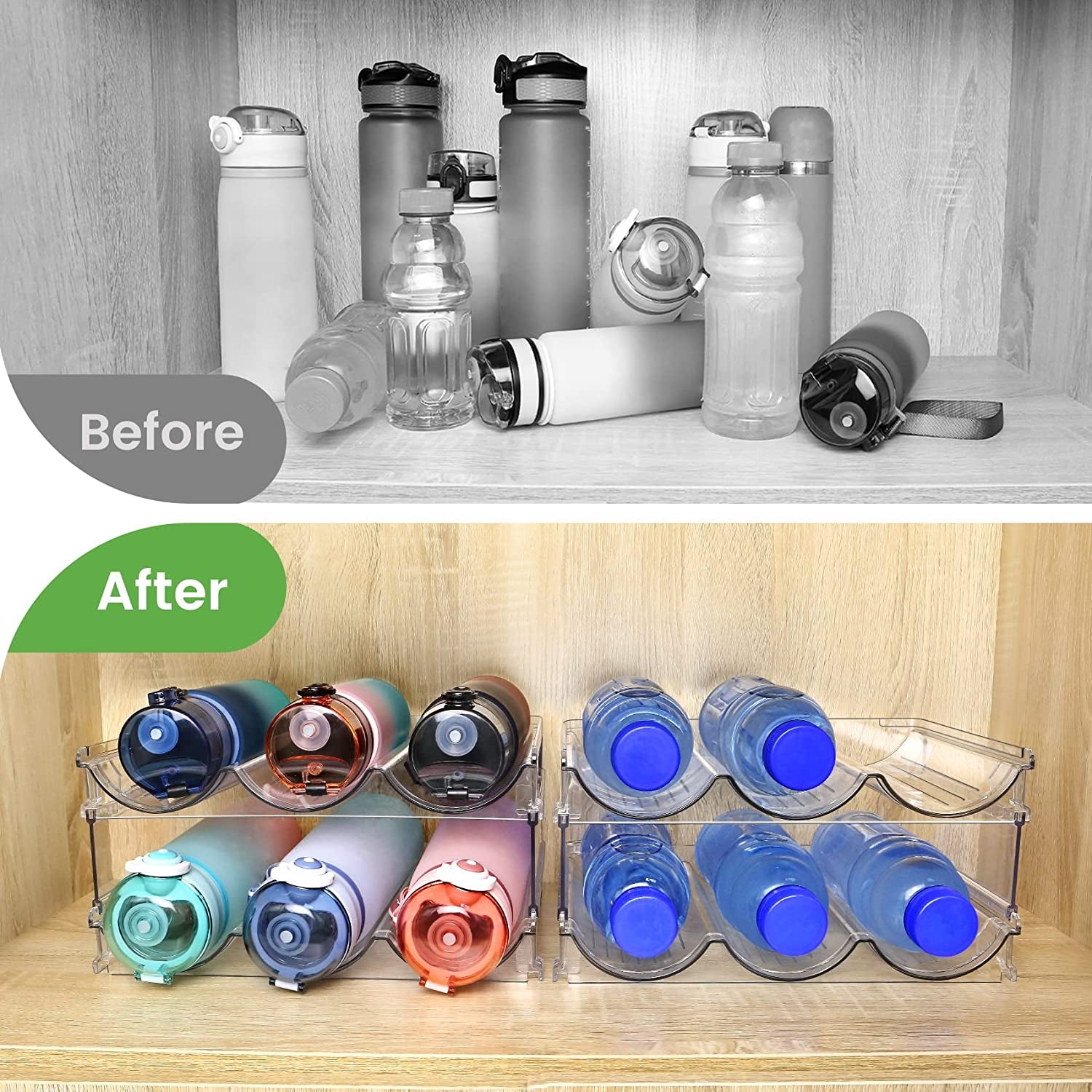 Water Bottle Storage Organizer Set - Stackable Cabinet Rack for Efficient Water Bottle Organization (2 Packs)
