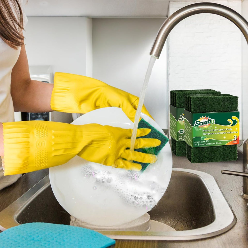 Heavy Duty Non-Scratch Scouring Pads - Reusable Anti-Grease Scrubber for Household Cleaning - 6 Pack in Green