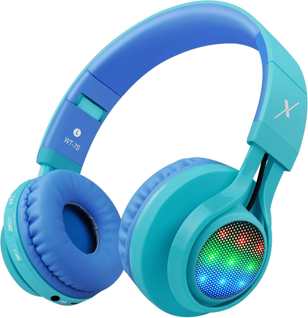 WT-7S Wireless Bluetooth Headphones for Kids with LED Lights, Foldable Design, Stereo Sound, Microphone, and Volume Control for PC, Tablet, TV, and Travel (Blue)