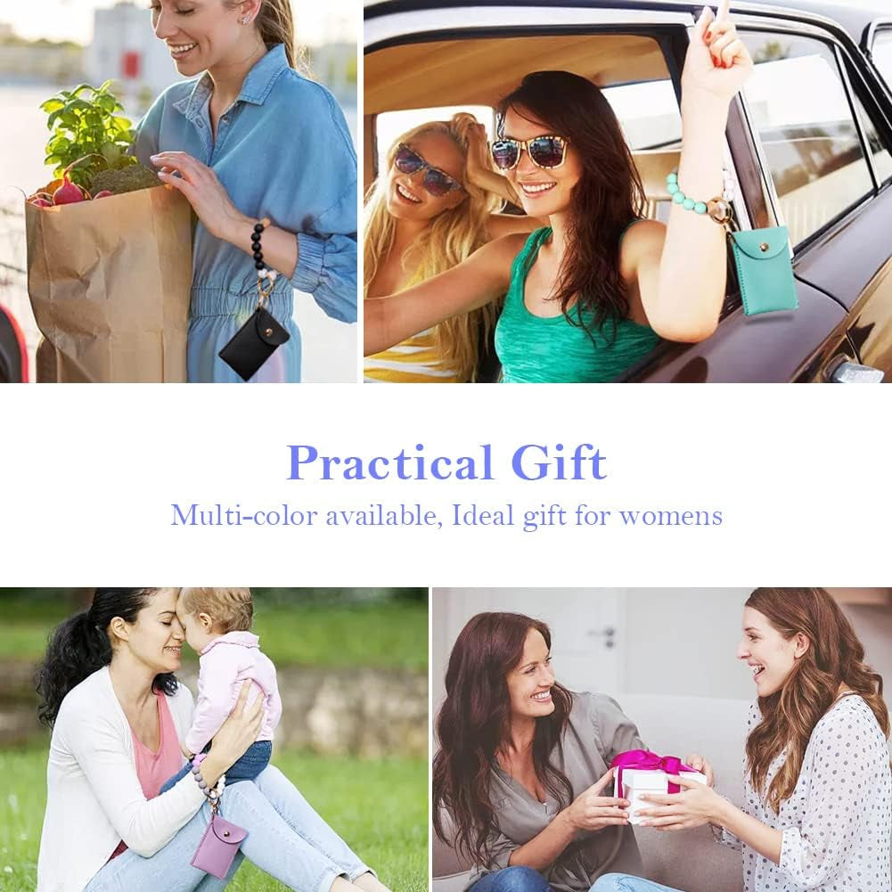 Stylish Silicone Beaded Keychain Bracelet with Card Wallet - Perfect Elastic Keyring Bangle for Women