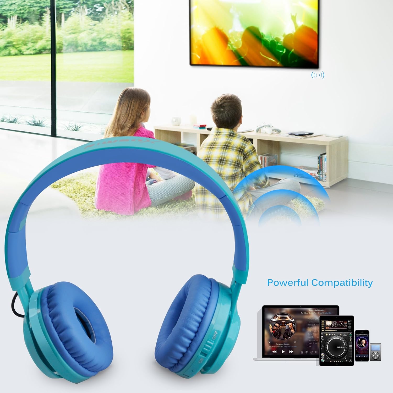 WT-7S Wireless Bluetooth Headphones for Kids with LED Lights, Foldable Design, Stereo Sound, Microphone, and Volume Control for PC, Tablet, TV, and Travel (Blue)