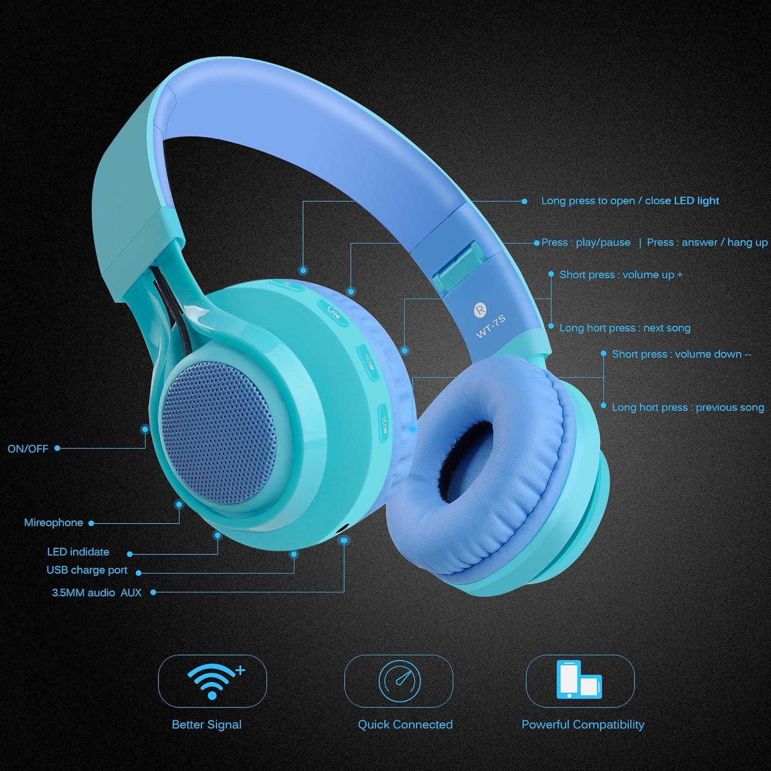 WT-7S Wireless Bluetooth Headphones for Kids with LED Lights, Foldable Design, Stereo Sound, Microphone, and Volume Control for PC, Tablet, TV, and Travel (Blue)