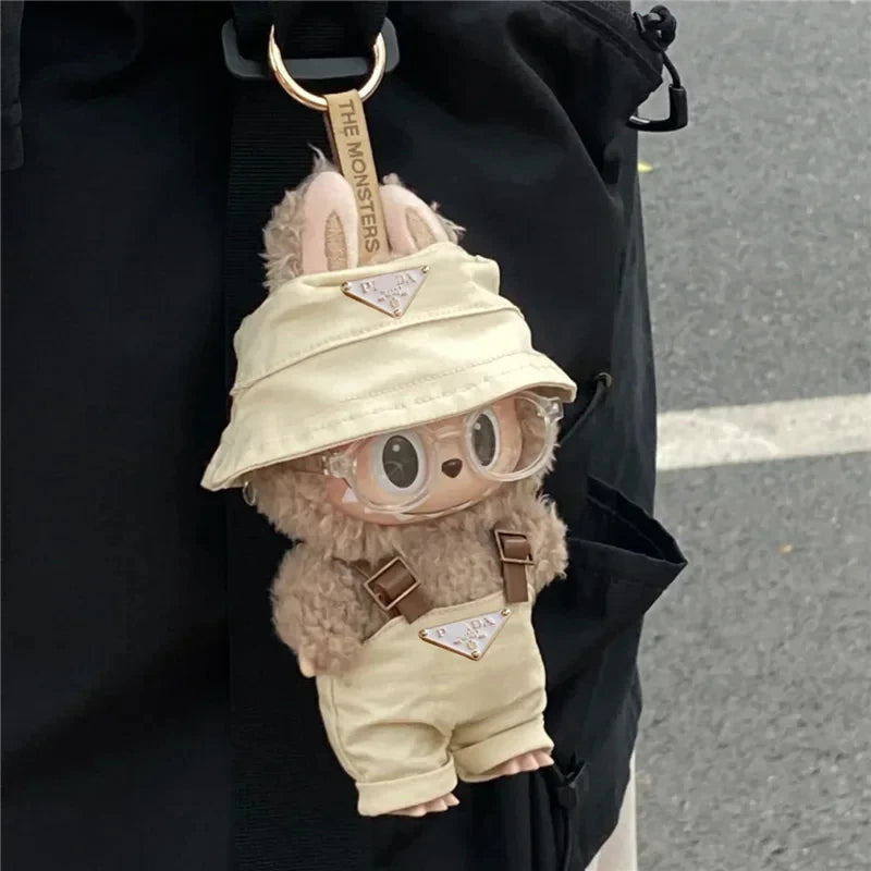 Labubu Mini Doll Outfit Set - Fisherman Hat, Retro Glasses, and Overalls for 15-17cm Dolls - Perfect for Parties and Dollhouse Fun!