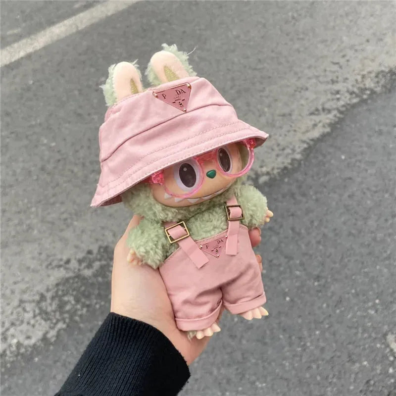 Labubu Mini Doll Outfit Set - Fisherman Hat, Retro Glasses, and Overalls for 15-17cm Dolls - Perfect for Parties and Dollhouse Fun!