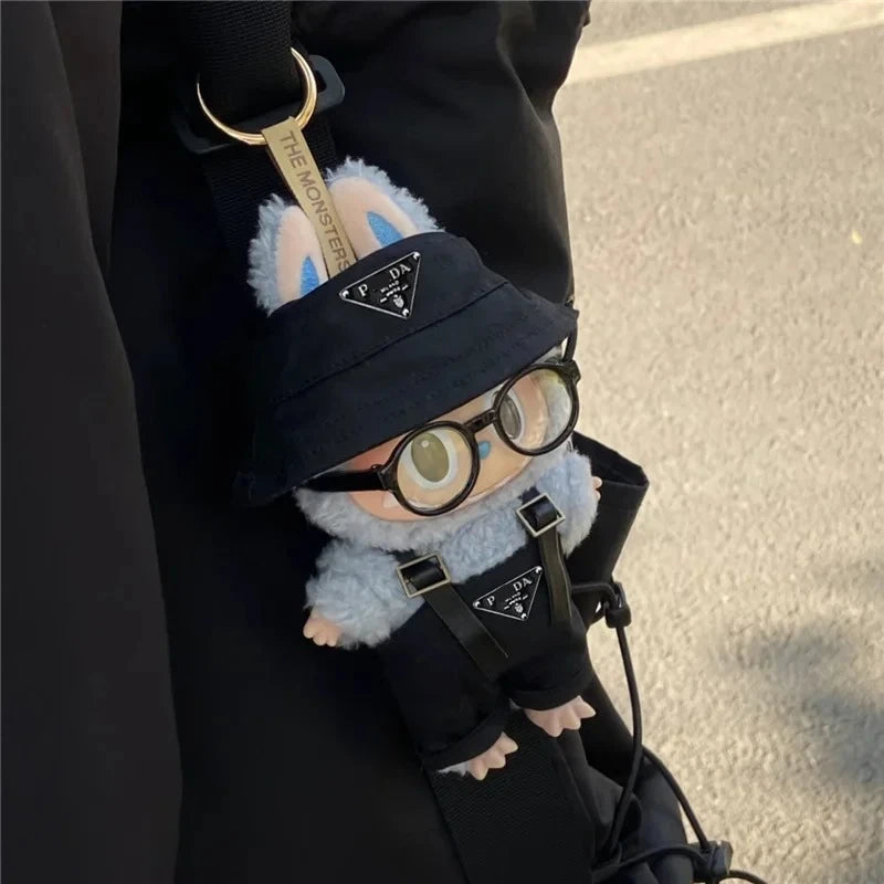 Labubu Mini Doll Outfit Set - Fisherman Hat, Retro Glasses, and Overalls for 15-17cm Dolls - Perfect for Parties and Dollhouse Fun!