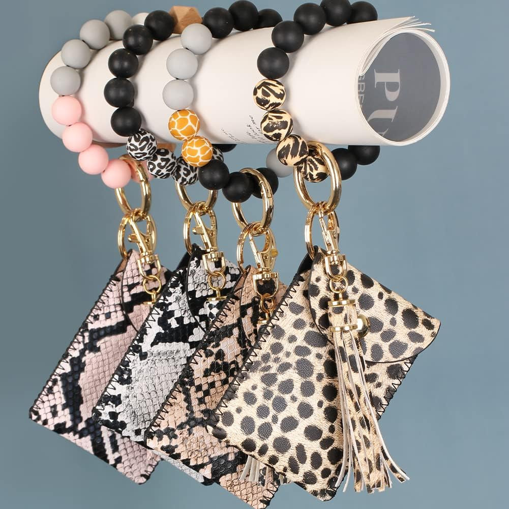 Stylish Silicone Beaded Keychain Bracelet with Card Wallet - Perfect Elastic Keyring Bangle for Women